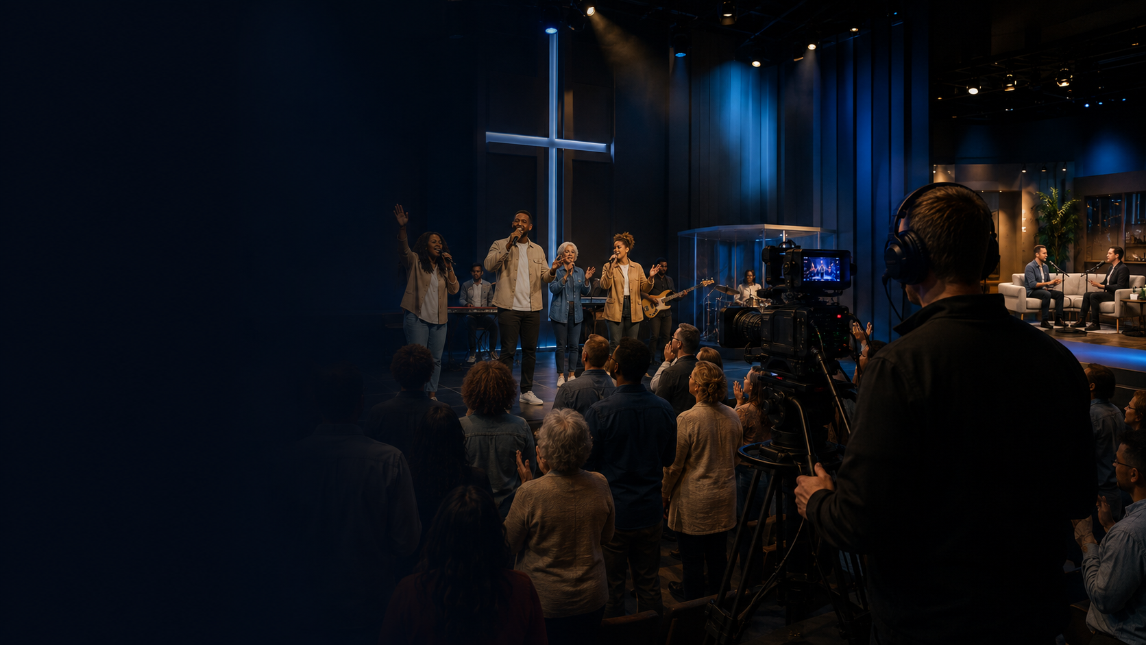 Legacy Faith Network Christian television worship broadcast, professional camera production, multigenerational congregation, and podcast studio in Frisco, Texas