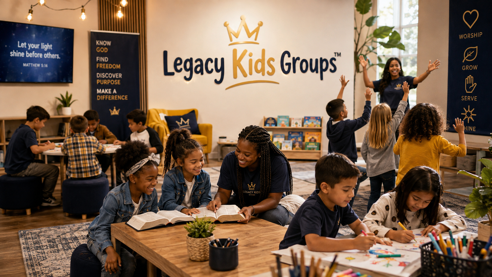 Children participating in a filmed Bible teaching experience at Legacy Kids